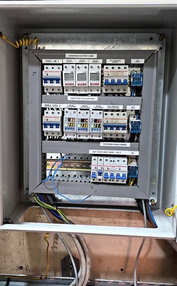 Coffret de protection ouvert avec plusieurs rangées de disjoncteurs modulaires